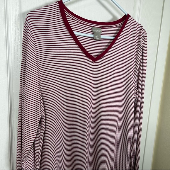 Chico's size 1 (M) Red White Striped V Neck Ultra Soft Stretch Long Sleeve Top - Picture 3 of 6